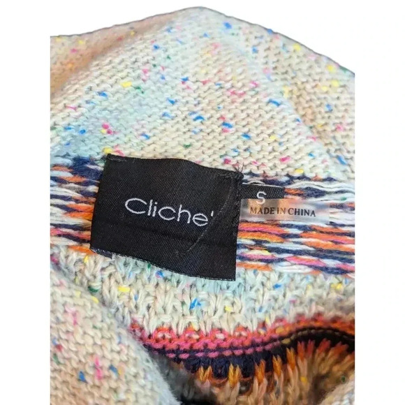 Cliche` Women's Small Oatmeal Patchwork Mock Neck Knit Sweater Aztek Design - Picture 8 of 9